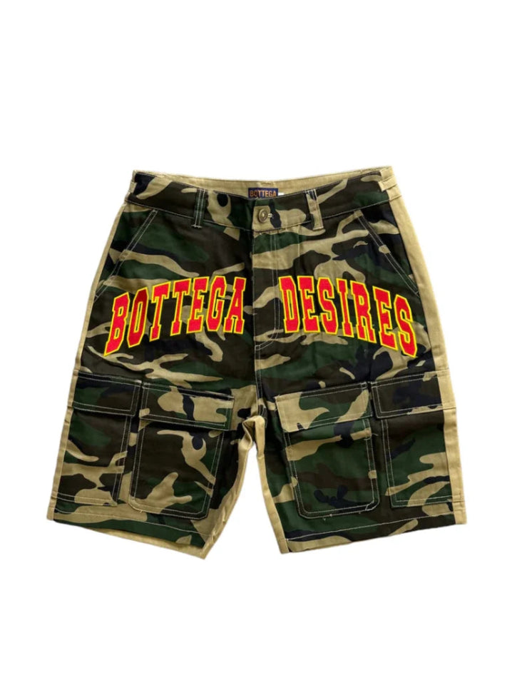 BOTTEGA DESIRES CAMO CARGO SHORTS