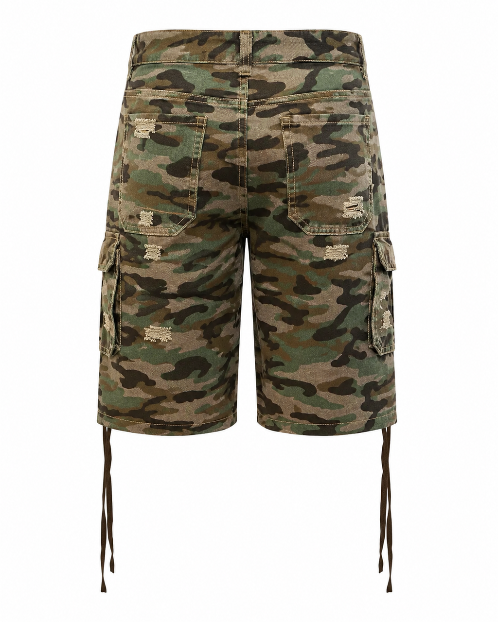 Bottega Desires Distressed Camo Cargo Shorts